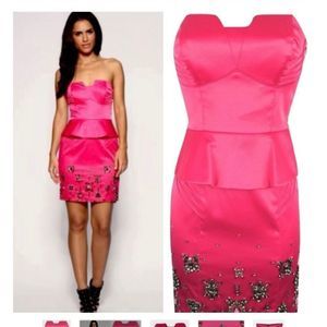 Karen Millen Y2K Mini Dress Bustier Fit Fuscia Beaded Strapless NWT Party Club